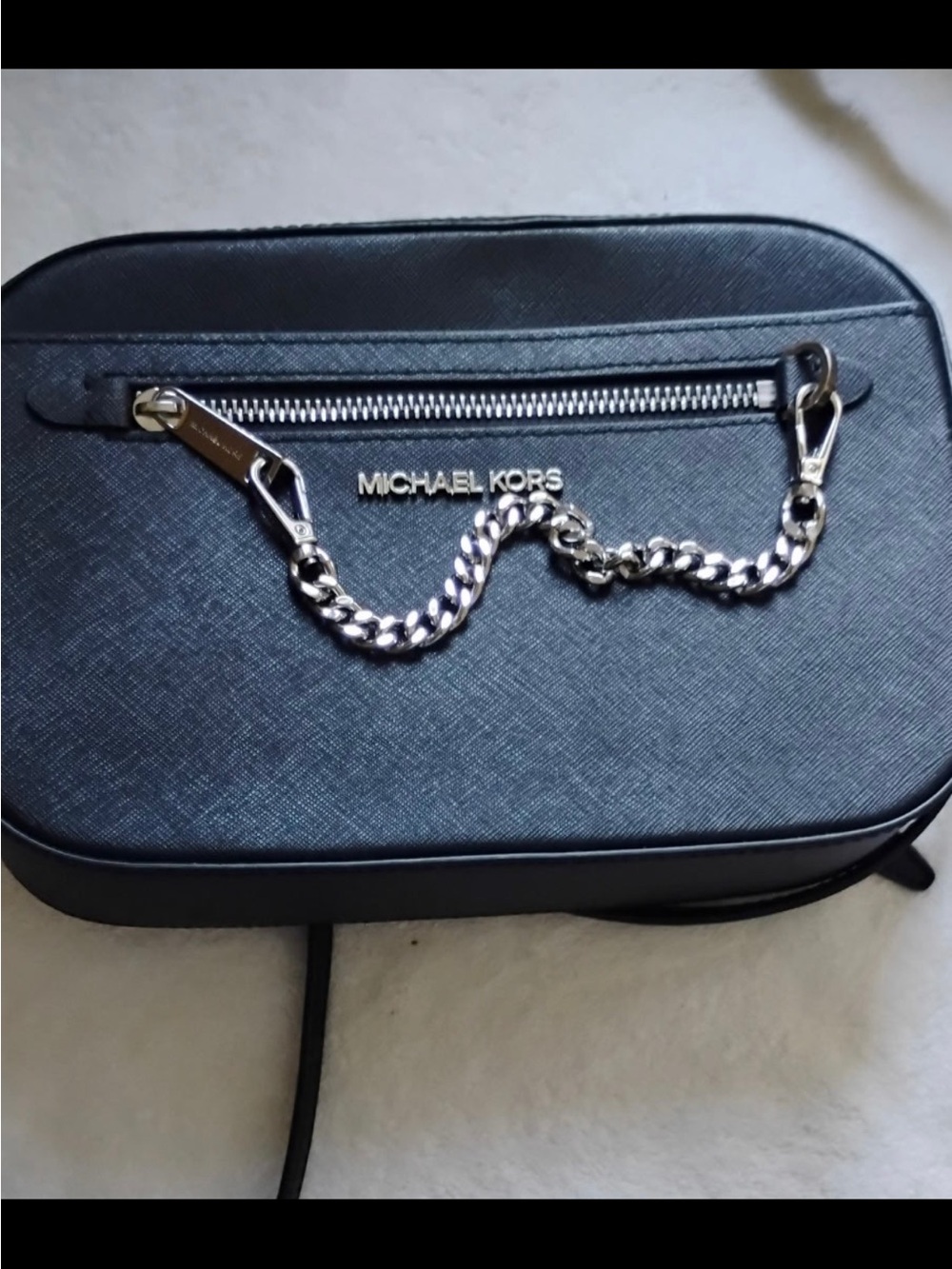 Michael Kors Black Crossbody Bag Zip
Front Pocket Silver Chain Strap